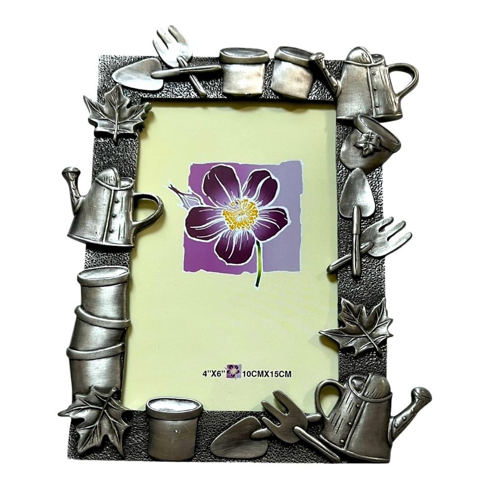 Whimsical Gardening metal 4 x 6 picture frame finish is a brushed nickel gift